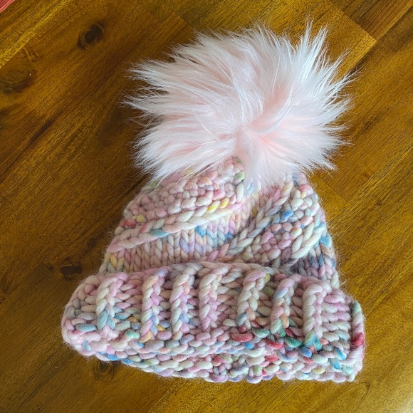 Handmade Soft Pink Rainbow Bobble Hat with removable bobble - Picture 3 of 5